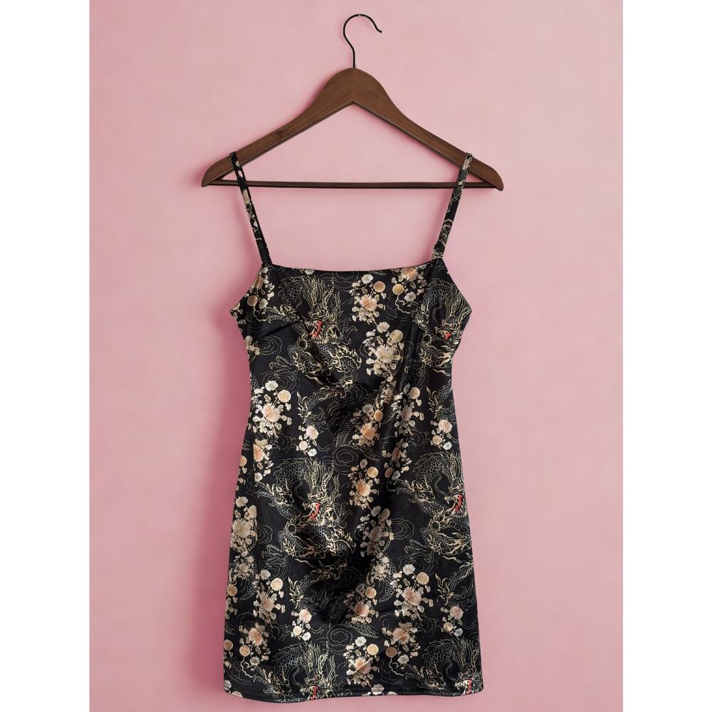 Urban Outfitters Satin Dragon Floral Mini Dress Size M Black Slip Dress